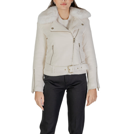 Guess® Cazadora Mujer Otoño/Invierno - Estilo Unicolor en Blanco y Marrón con Cuello en V y Cremallera"